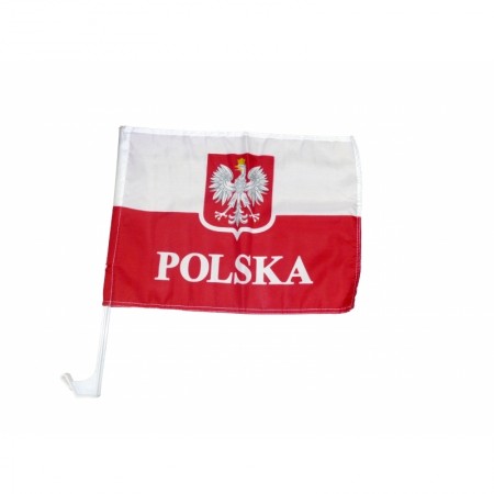 Flaga samochodowa biało-czerwona ze stylizowanym godłem