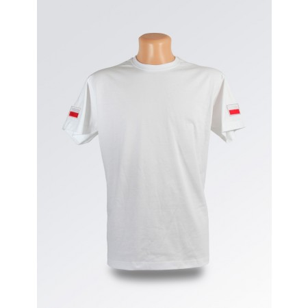 Biała koszulka z flagą Polski na ramieniu 