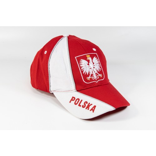 Czapka kibica bejsbolowa czerwona z białym daszkiem godłlem i napisem Polska