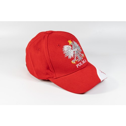 Czapka kibica bejsbolowa czerwona z białym daszkiem orzełkiem i flagą Polska