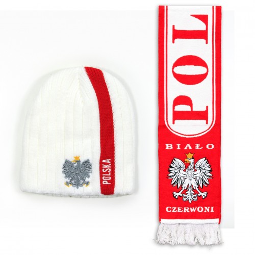 Zestaw zimowy biała czapka z pionowym pasem i szalik gruby dwustronny POLSKA BIAŁO-CZERWONI