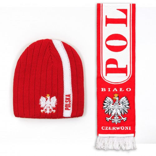Zestaw zimowy czerwona czapka z pionowym pasem i szalik gruby dwustronny POLSKA BIAŁO-CZERWONI