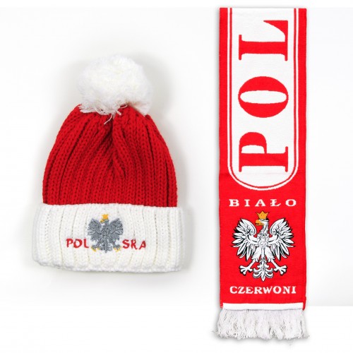 Zestaw zimowy czapka biały pompon i szalik gruby dwustronny POLSKA BIAŁO-CZERWONI