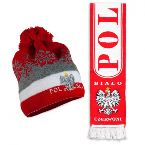 Zestaw zimowy czapka śnieżynka-czerwona i szalik gruby dwustronny POLSKA BIAŁO-CZERWONI
